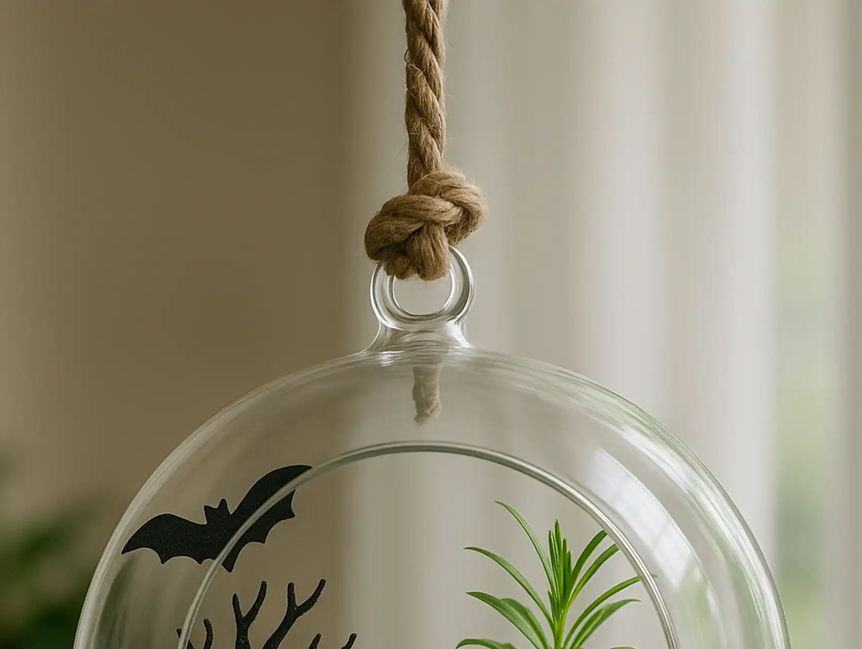 Hanging glass diy terrarium with spooky bat silhouette decoration