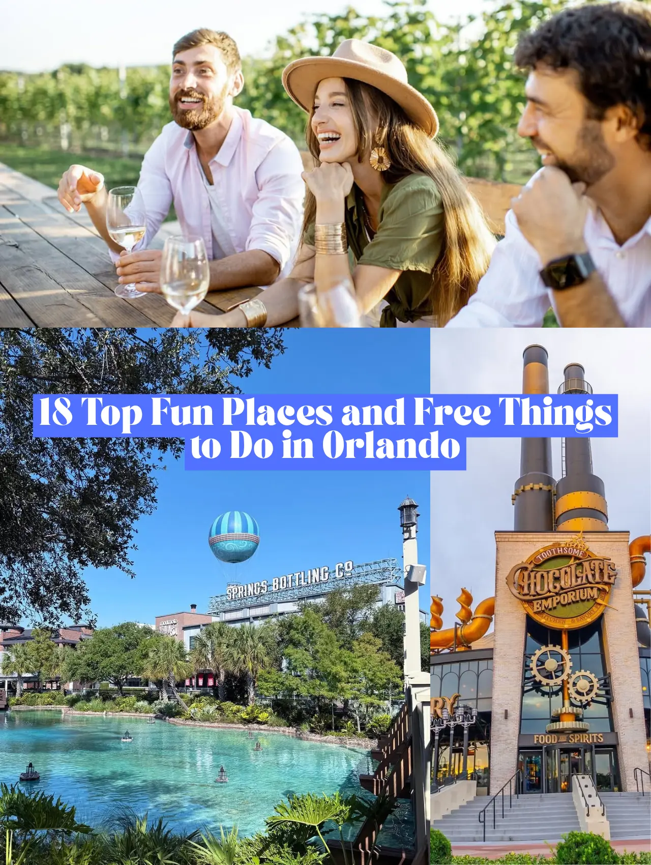 Collage of fun activities in Orlando including Disney Springs and Universal City Walk – free things to do in Orlando