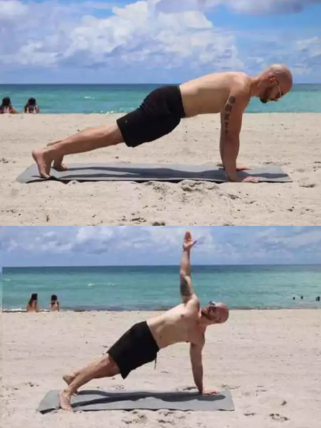 a man doing push ups on a beach