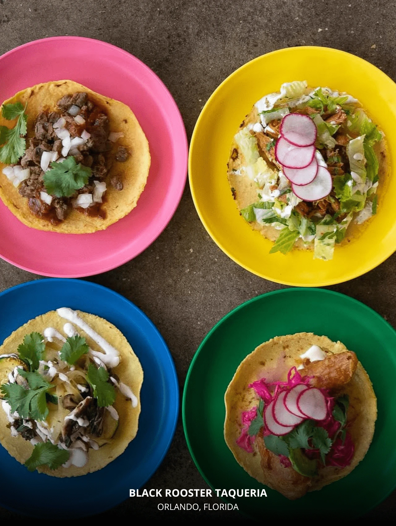 Colorful taco plates from Black Rooster Taqueria – best Orlando restaurants for modern Mexican cuisine.