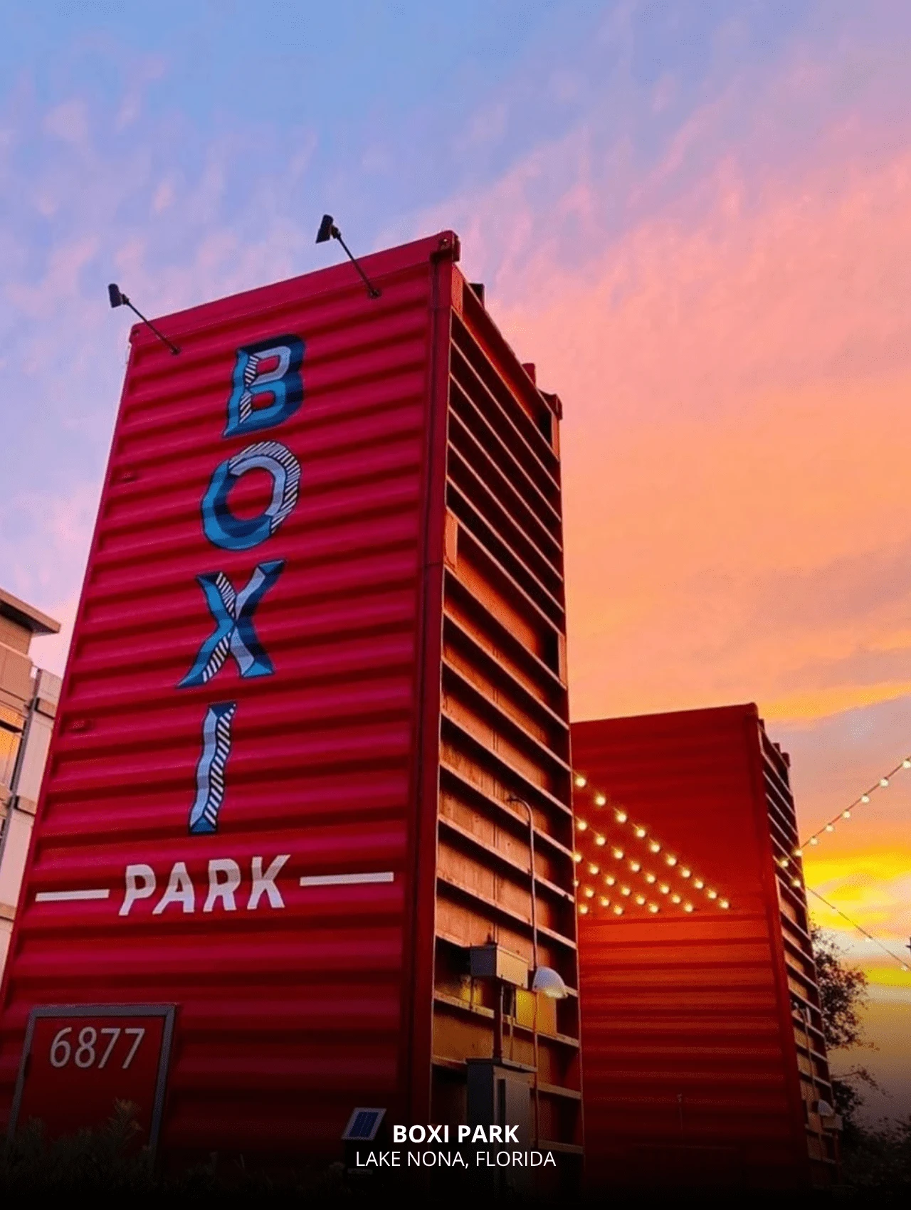 Boxi Park in Lake Nona at sunset – one of the best Orlando restaurants and outdoor dining spots.