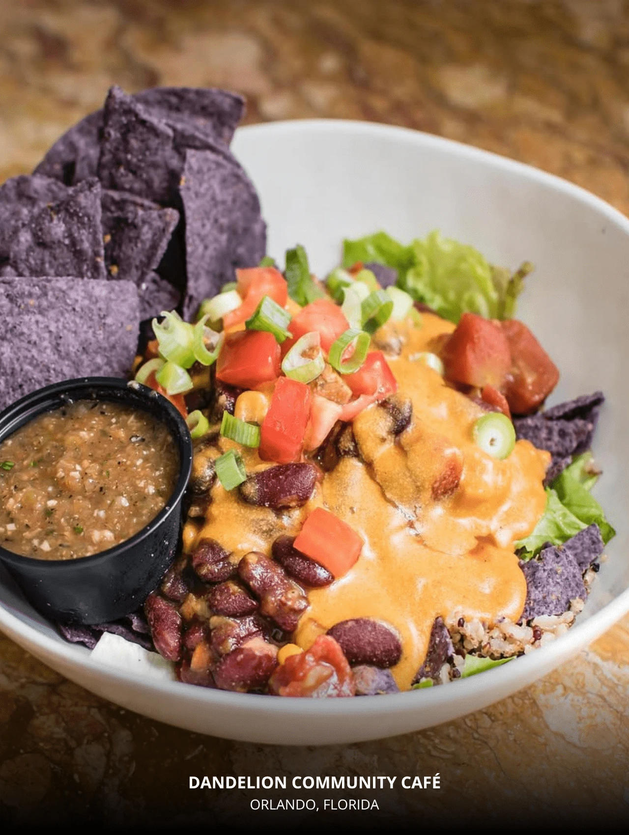 Vegan nacho bowl from Dandelion Community Café – best Orlando restaurants for plant-based comfort food.
