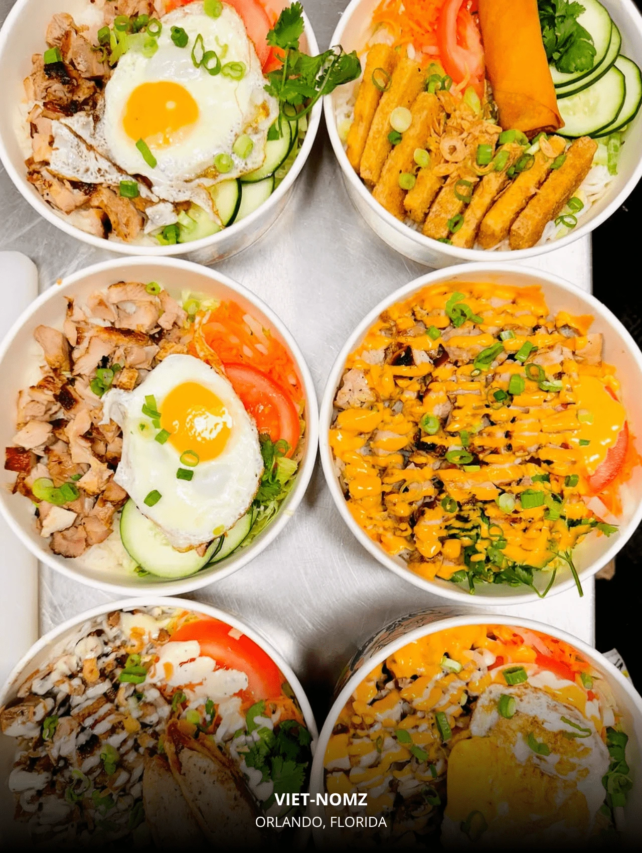 Colorful rice and noodle bowls from Viet-Nomz – best Orlando restaurants for Vietnamese street food.