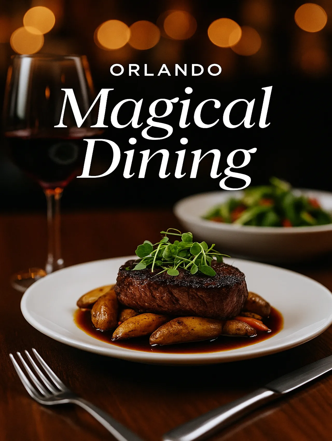 Gourmet steak dinner with wine and salad served during Orlando Magical Dining event