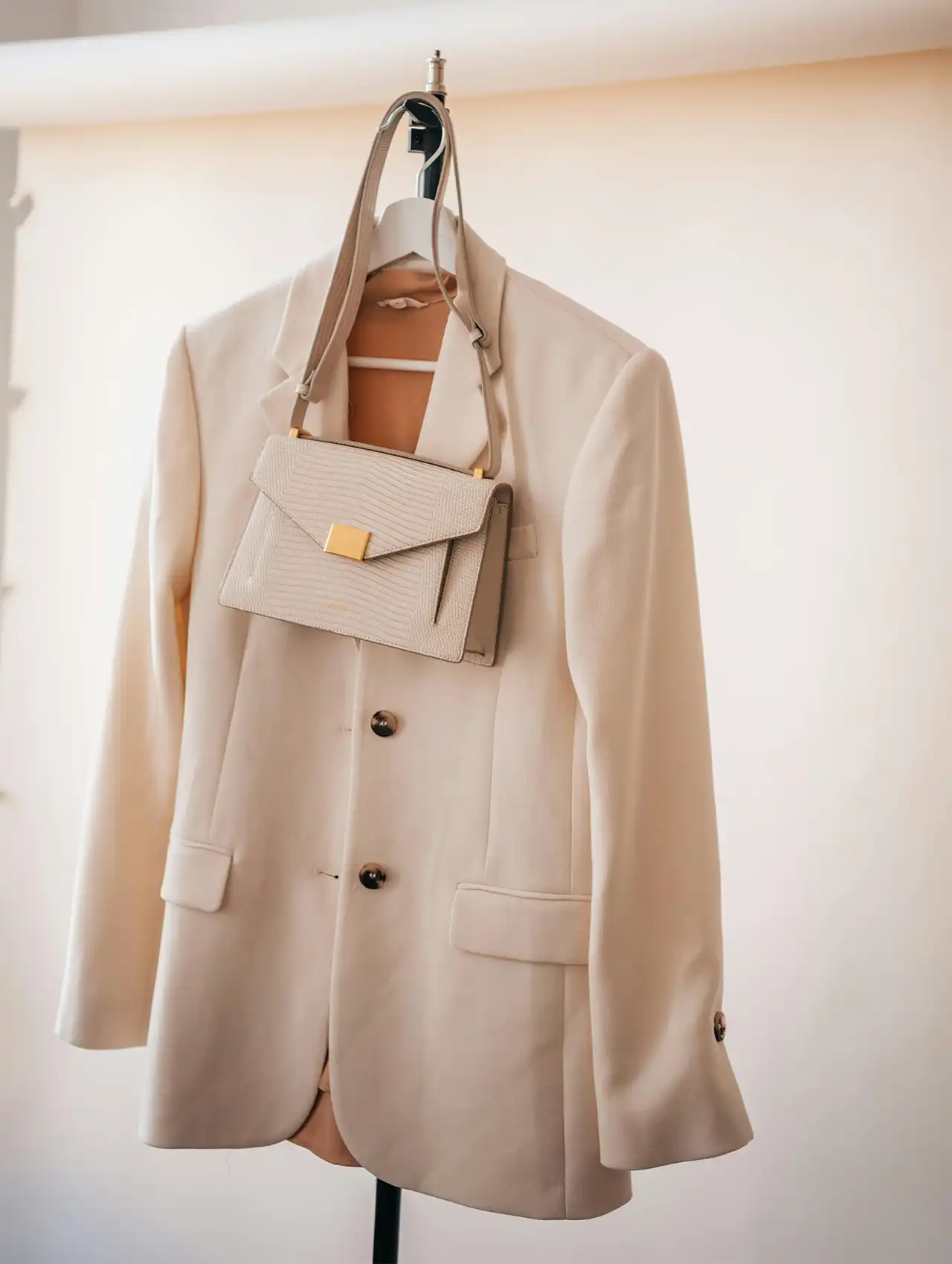 Beige tailored blazer with stylish handbag, fashion-forward blazers for women.