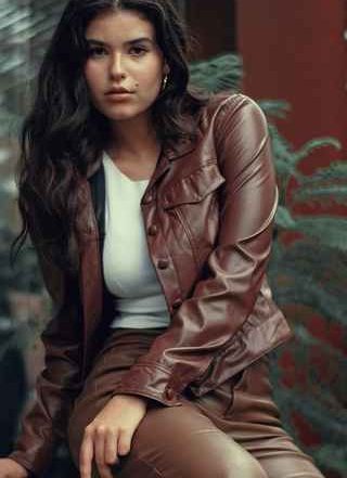 Model posing in a brown leather outfit