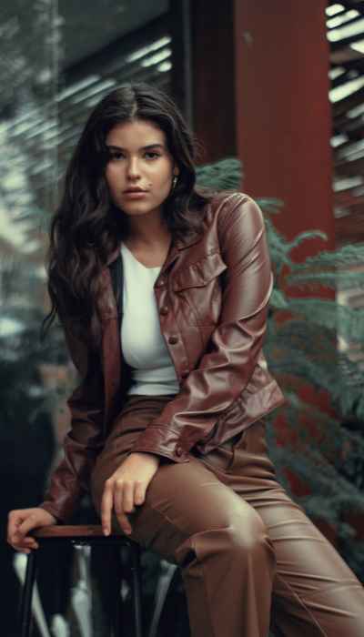 Model seated down posing in a brown leather outfit 