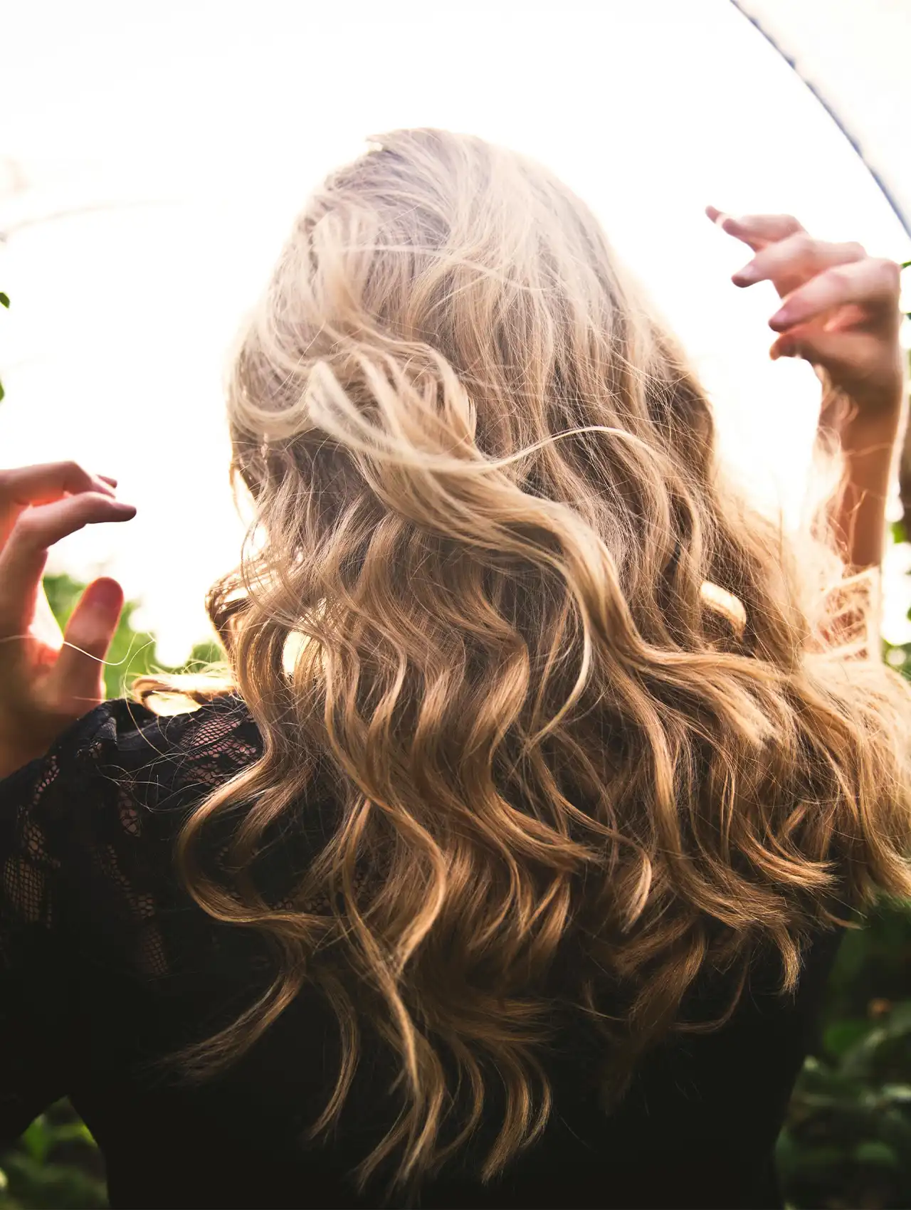 Back view of a woman with long wavy blonde hair, showcasing different types of highlights with natural light reflections.