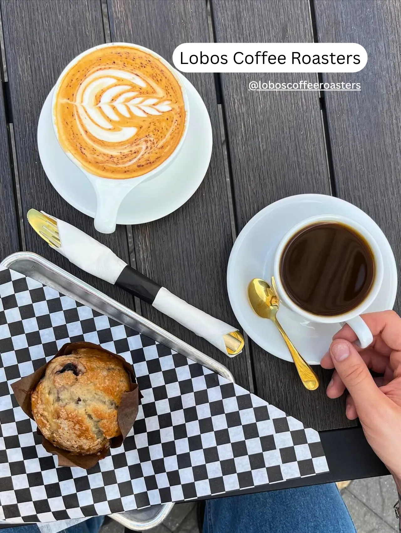 Overhead shot of cappuccino, black coffee, and muffin at Lobos Coffee Roasters in Orlando – best coffee shop with roastery.