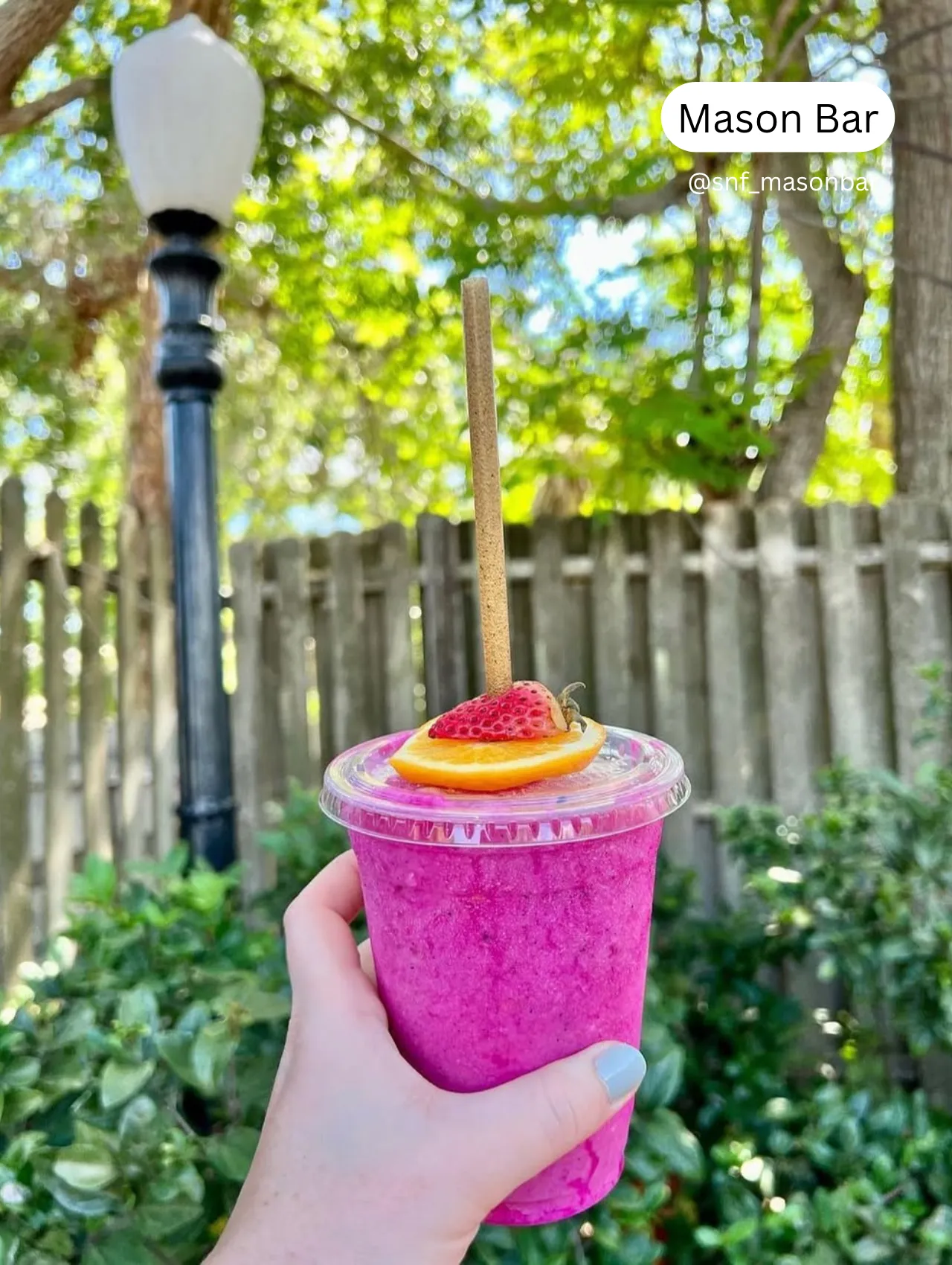 Smoothies in Orlando – vibrant pink smoothie from Mason Bar topped with fresh fruit, held outdoors with trees and a fence in the background, perfect for healthy drinks in Orlando.