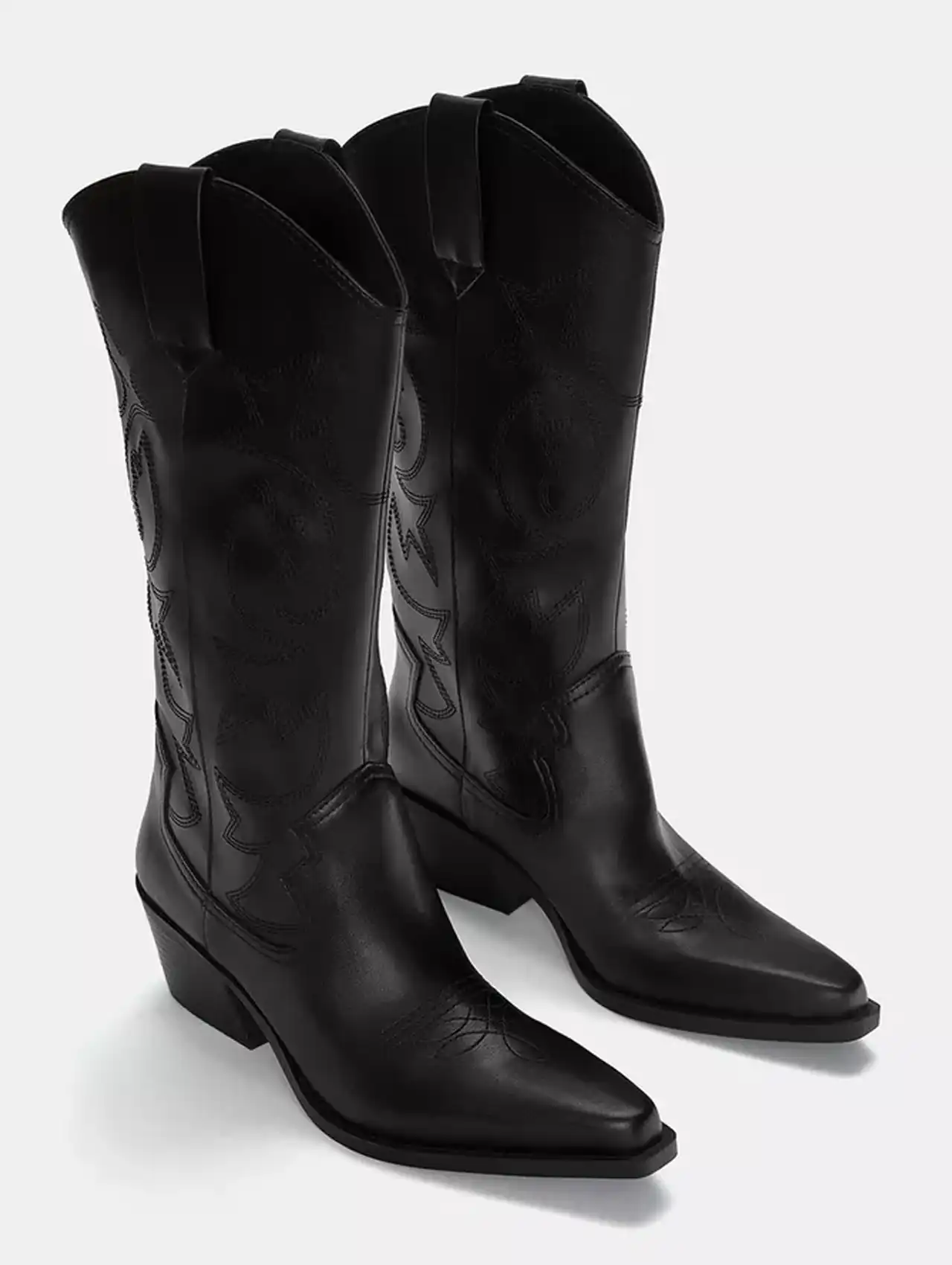 Botas cowboy negras de piel con bordado, botas de invierno para mujer.