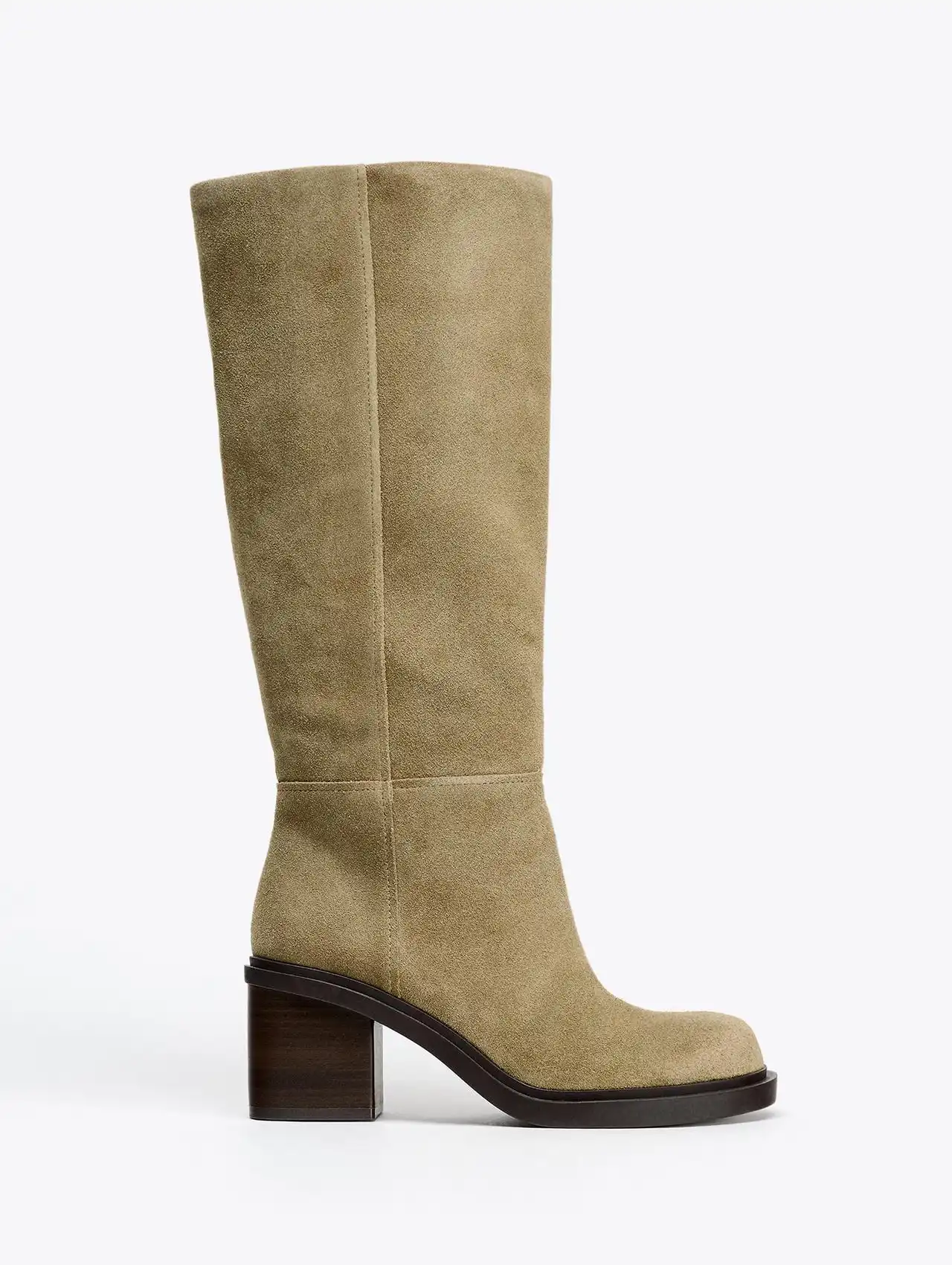 Bota alta de gamuza beige con tacón elegante, botas de invierno para mujer.
