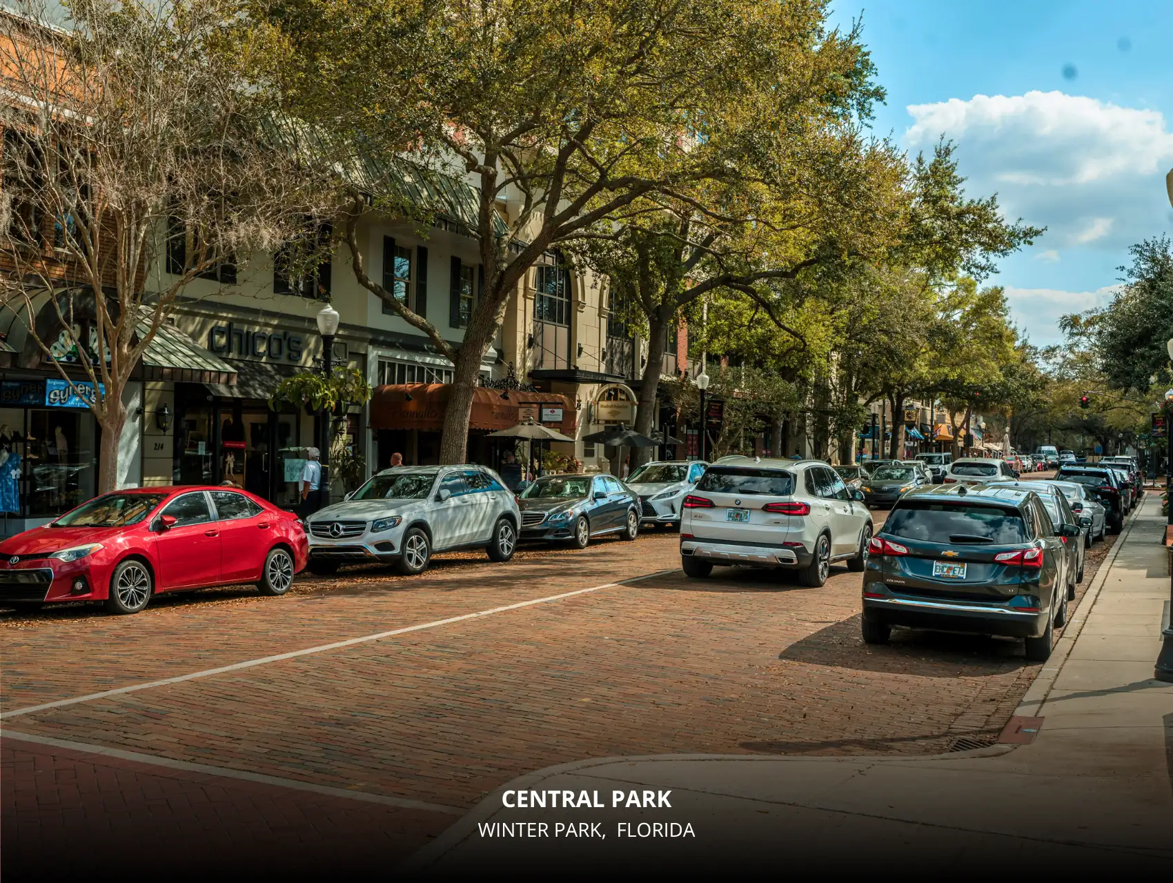 Tree-lined Park Avenue streetscape in Winter Park’s Central Park district, a popular stop before grabbing Crumbl Cookies Orlando.