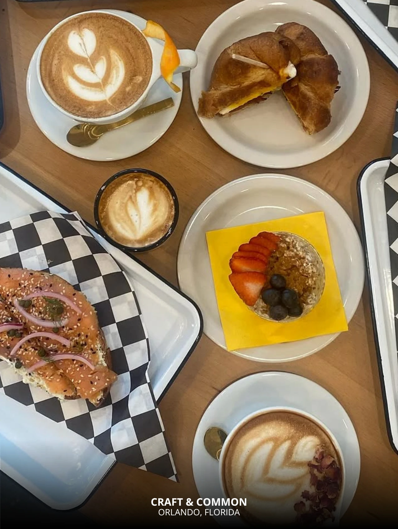 Latte Art Orlando coffee and food spread at Craft & Common