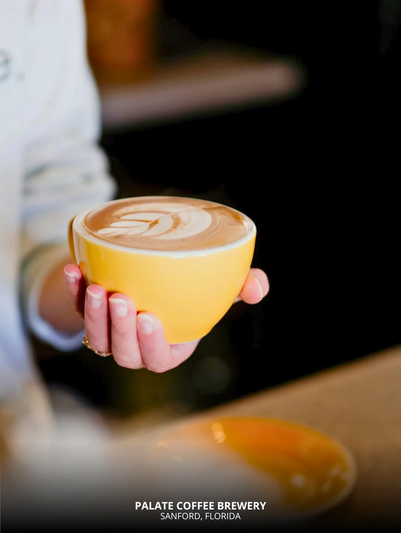 Latte Art Orlando served in a yellow cup at Palate Coffee Brewery