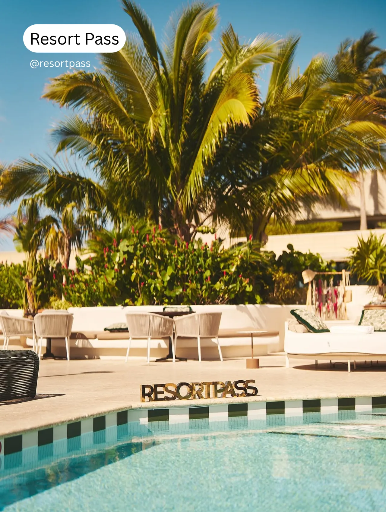 Resort day pass Orlando – poolside view with tropical palm trees, lounge seating, and ResortPass branding, showcasing a relaxing luxury daycation experience in Florida.