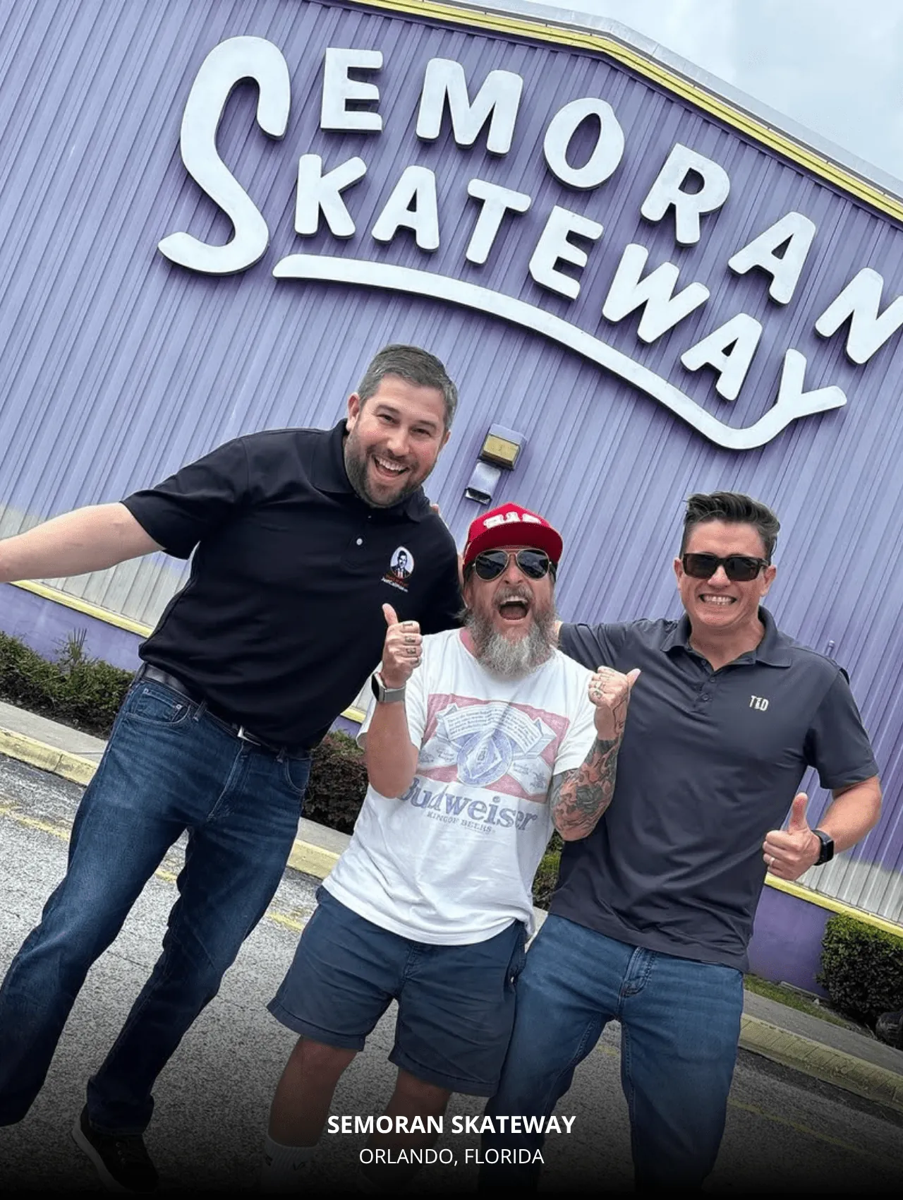 Three friends pose excitedly outside Semoran Skateway – a top local spot for fun things to do in Orlando.