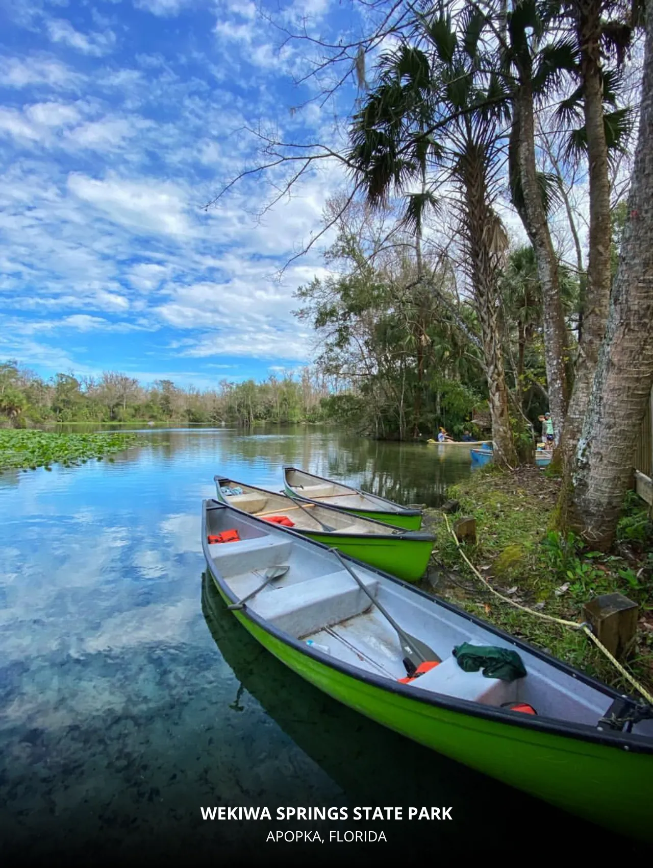 Canoes floating on the crystal-clear waters of Wekiwa Springs State Park in Apopka, Florida – Top Locations in Orlando to Take Beautiful Photos for Your Instagram.