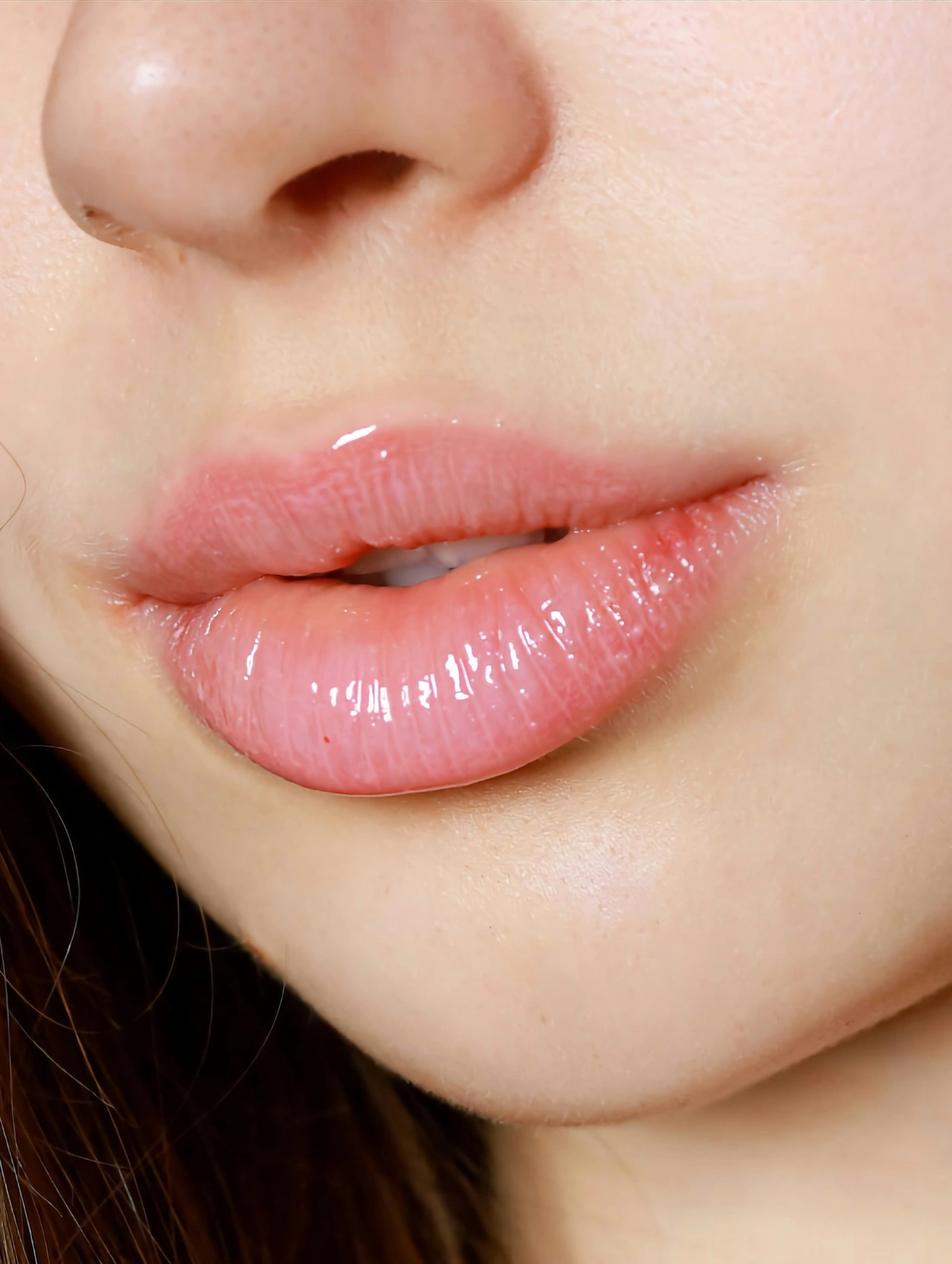 Close-up of glossy, natural-looking lips showcasing results of lip filler treatment.