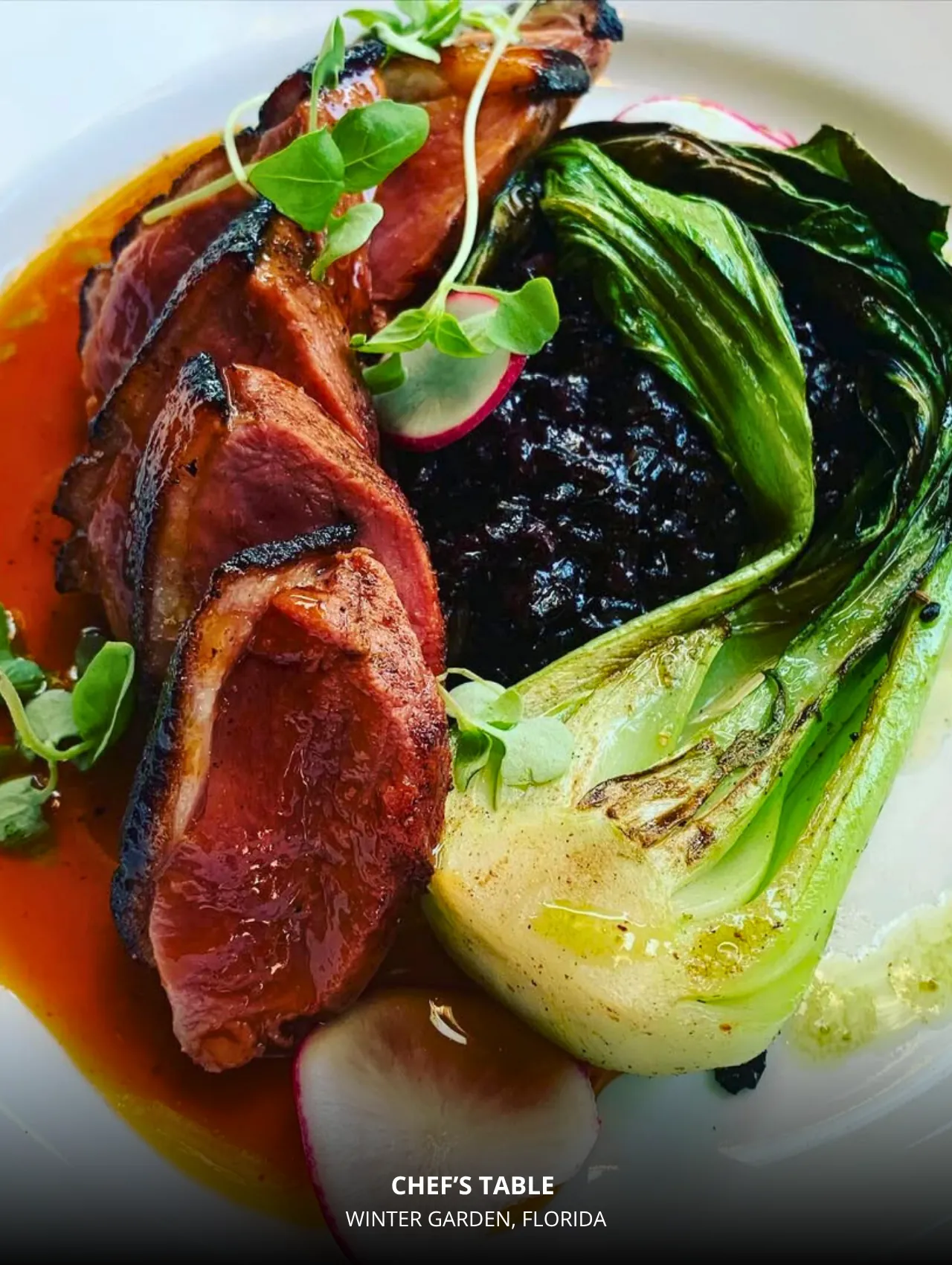 Seared duck entrée at Chef’s Table, Winter Garden – best restaurants in Orlando list.