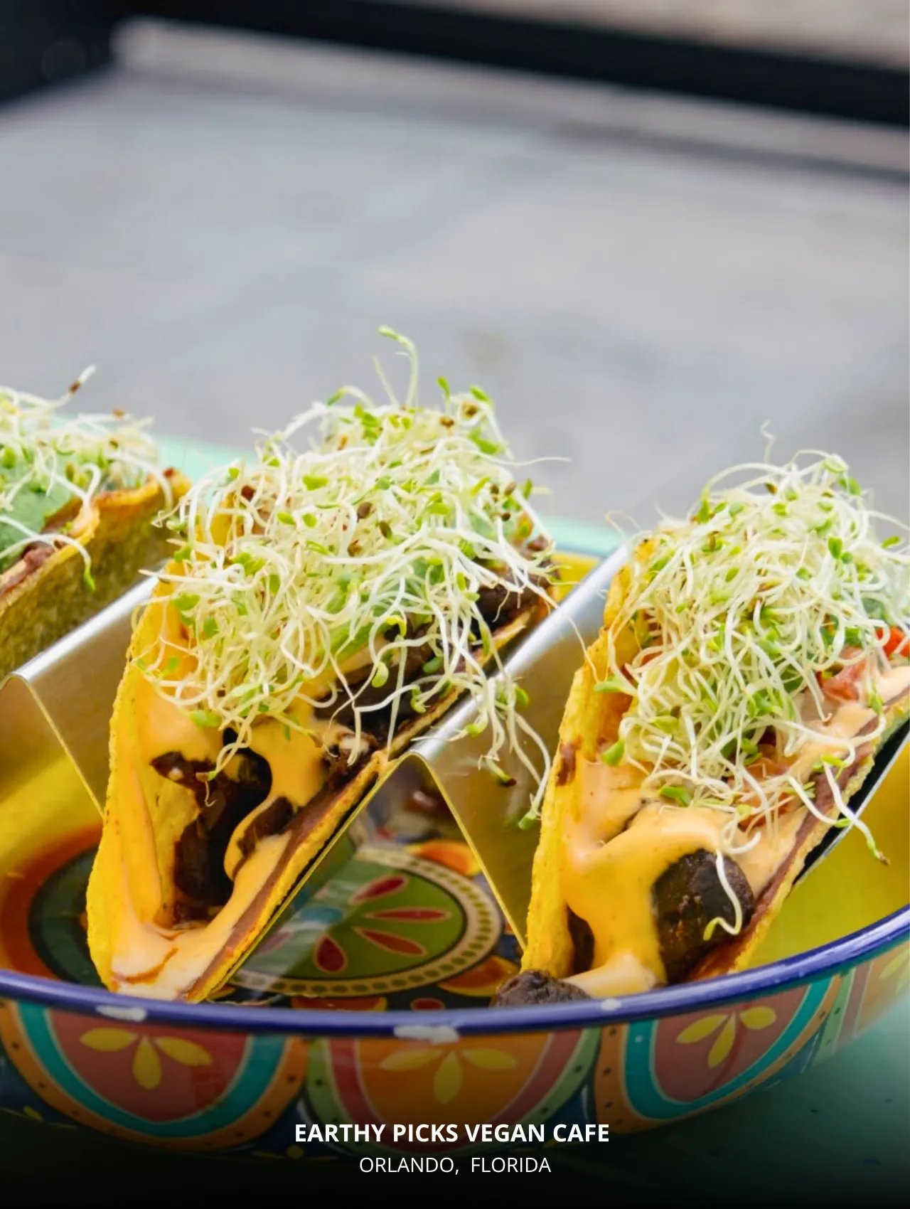 Tacos with sprouts and creamy sauce served at Earthy Picks Vegan Cafe – best restaurants in Orlando