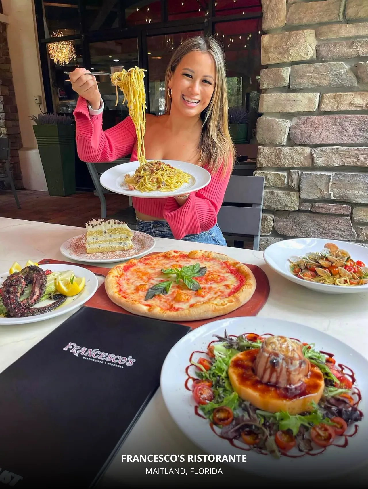 Pasta-lover enjoying fresh fettuccine at Francesco’s Ristorante, a best restaurants in Orlando pick.