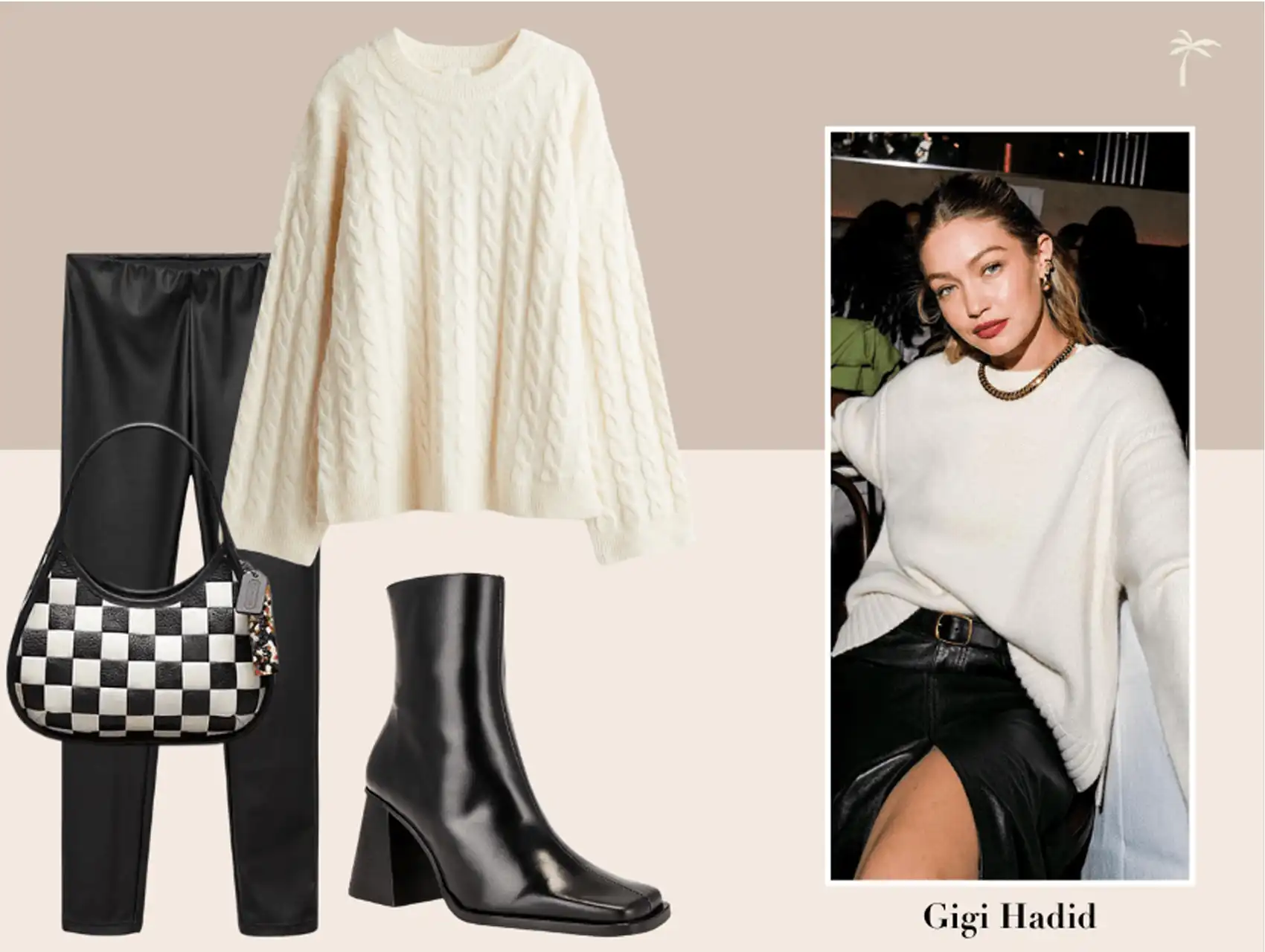 Gigi Hadid wearing black faux leather pants styled with an oversized white sweater.