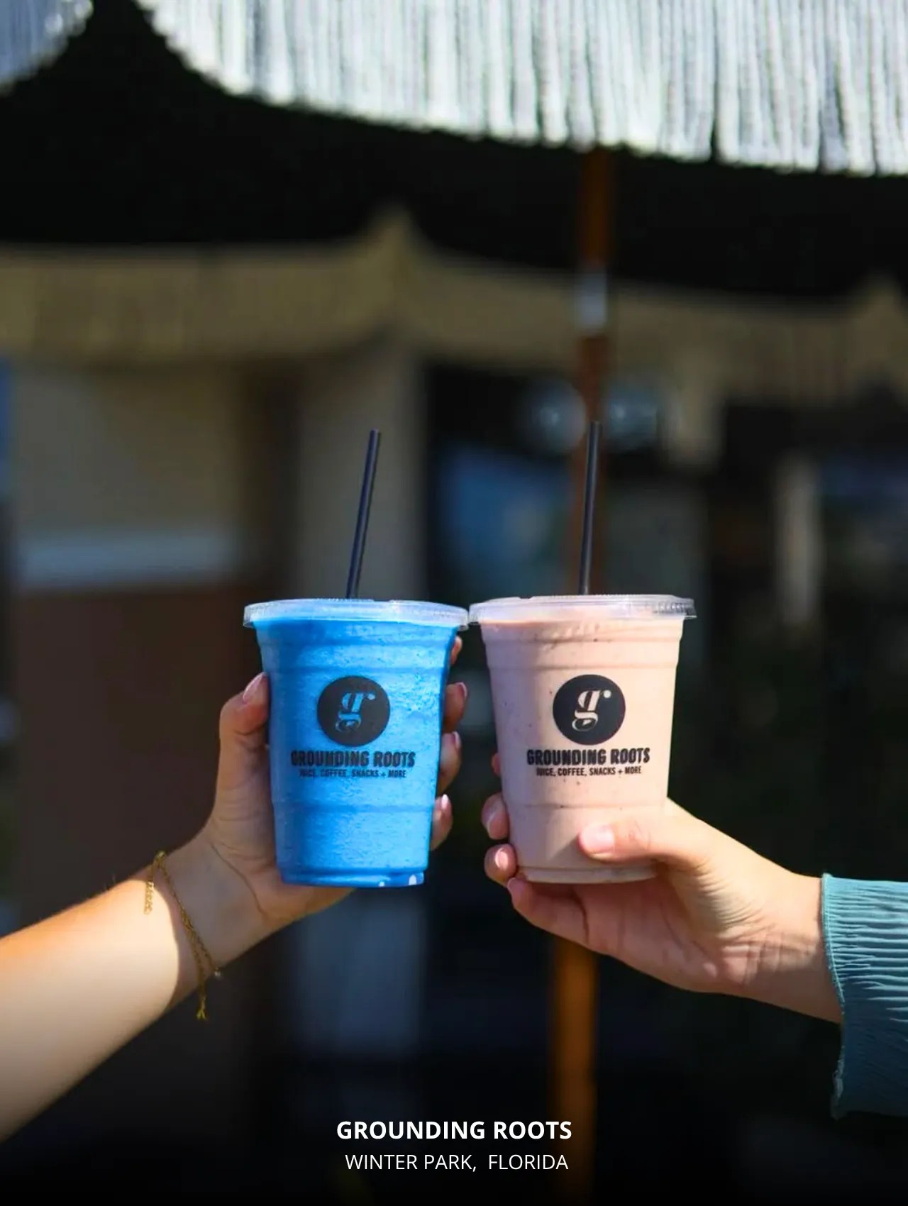 Vibrant blue & pink smoothies clink at Grounding Roots – best restaurants in Orlando healthy café.