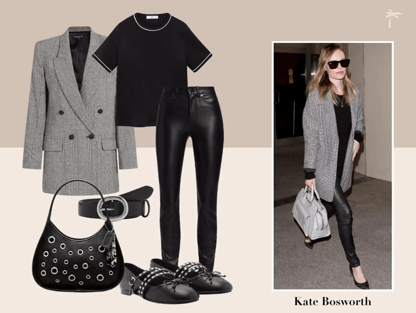 Kate Bosworth wearing black faux leather pants with a gray blazer and matching accessories.