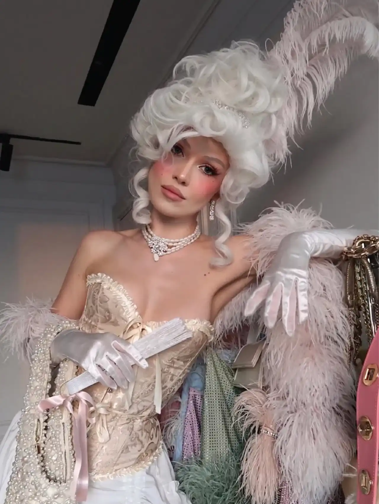 Marie Antoinette vintage costume with white wig and corset, most popular halloween costumes