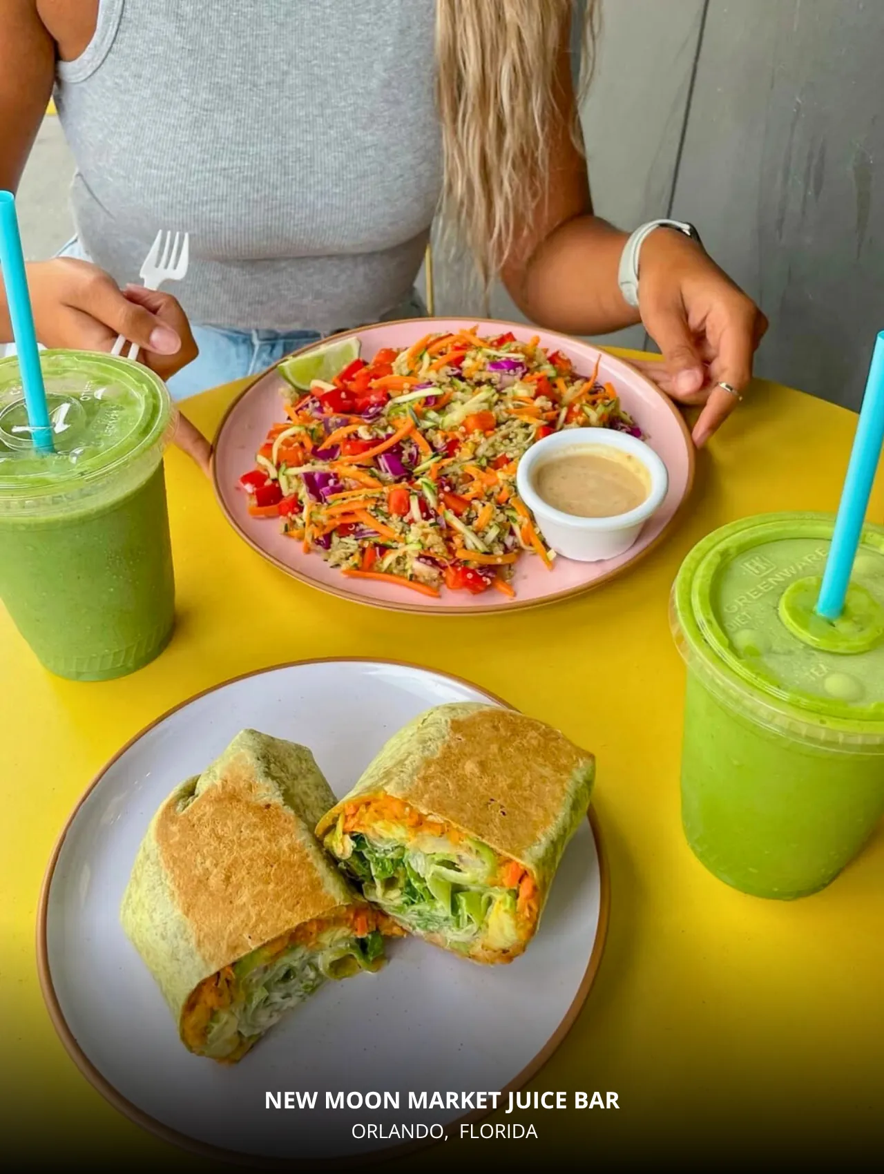 Rainbow veggie bowl & wrap at New Moon Market Juice Bar, one of the best restaurants in Orlando.