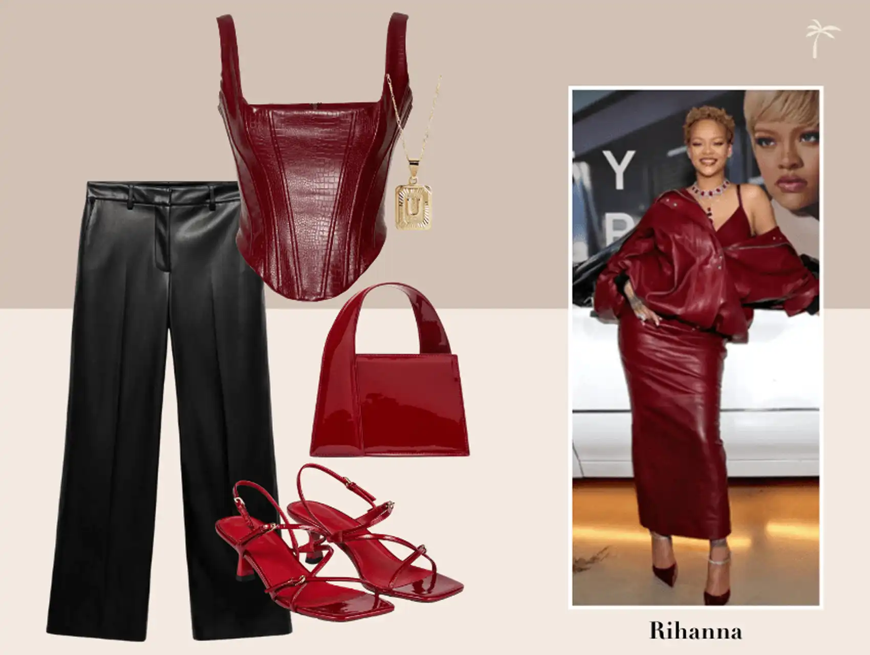 Outfit flat lay with black faux leather pants and a red corset top inspired by Rihanna.