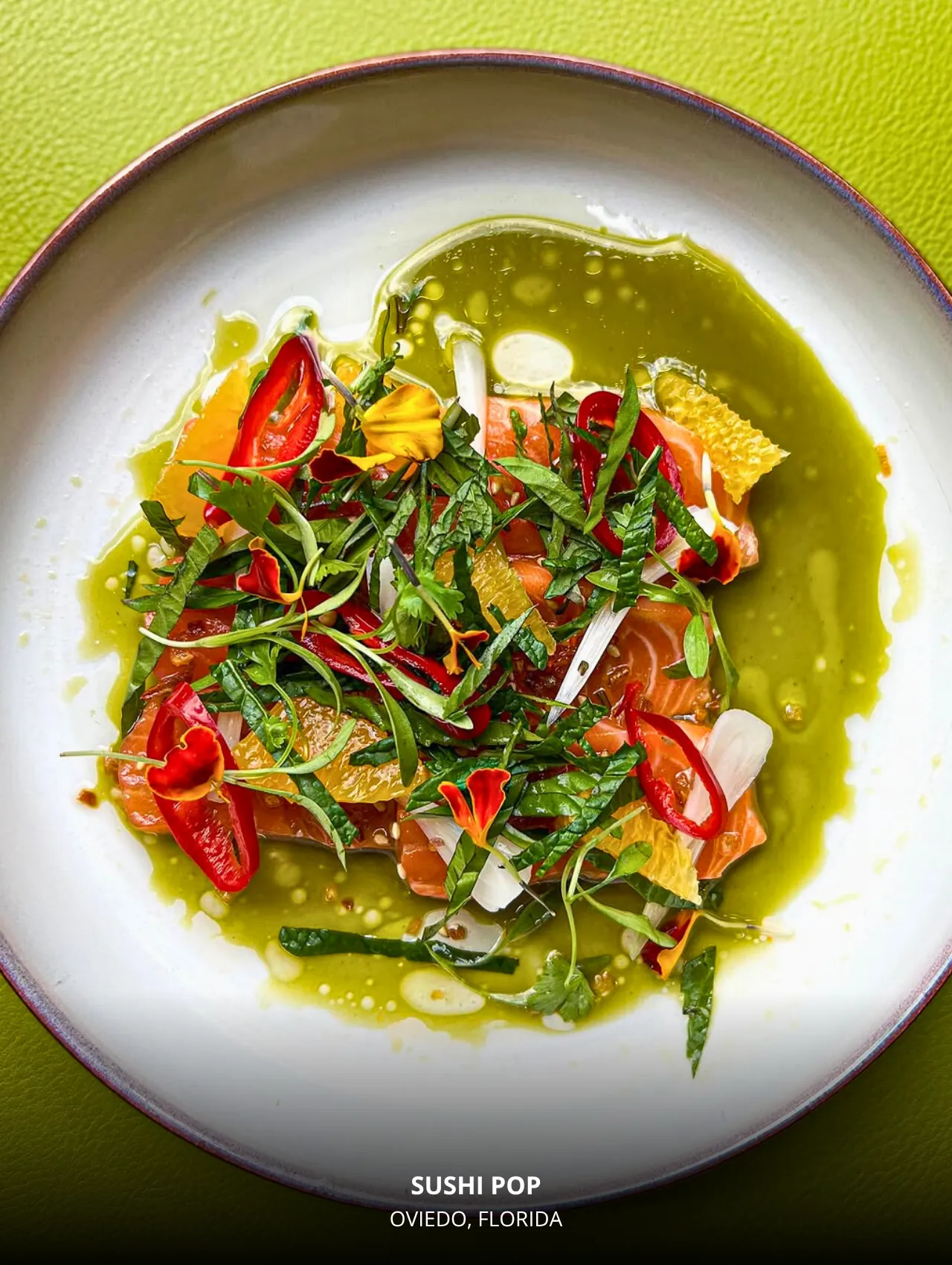 Art-plated citrus salmon crudo at Sushi Pop – best restaurants in Orlando for creative sushi