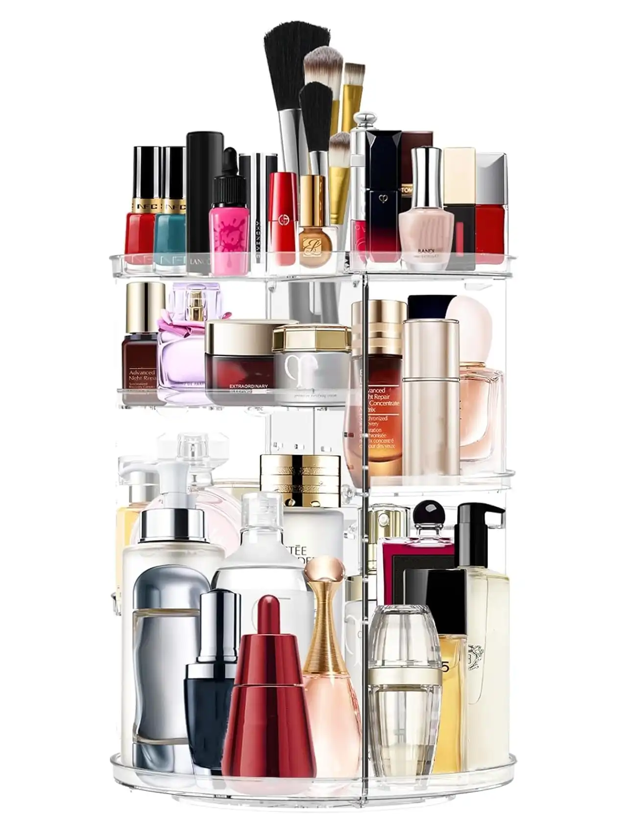 Organizador giratorio transparente con cosméticos y perfumes para tocador de maquillaje.