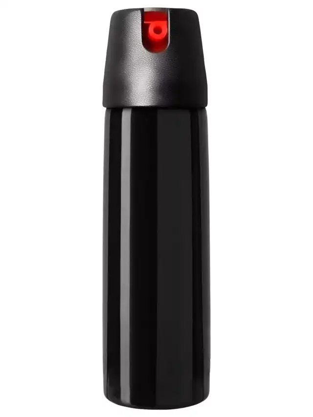 a black bottle with a red top
