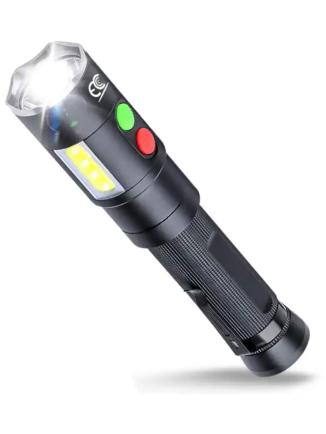a black flashlight with a light on