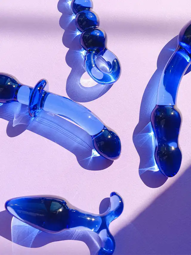 a group of blue glass objects