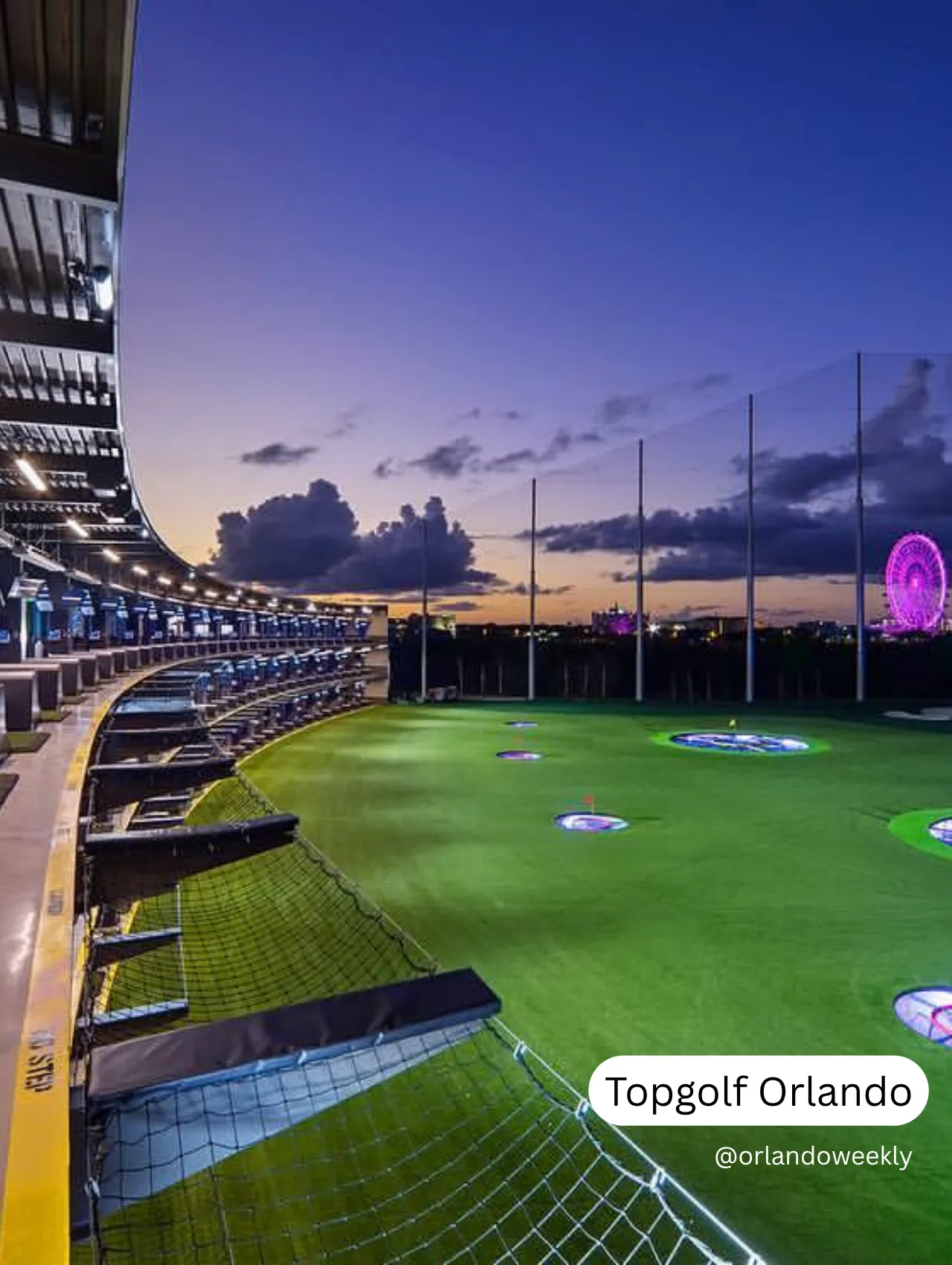 Topgolf Orlando entertainment venue with neon-lit targets at night, offering fun things to do in Orlando besides the theme parks.