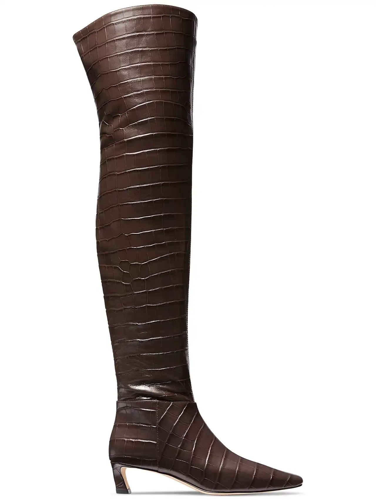 Croco-embossed brown Cosmo style, best over-the-knee boots with a textured finish.