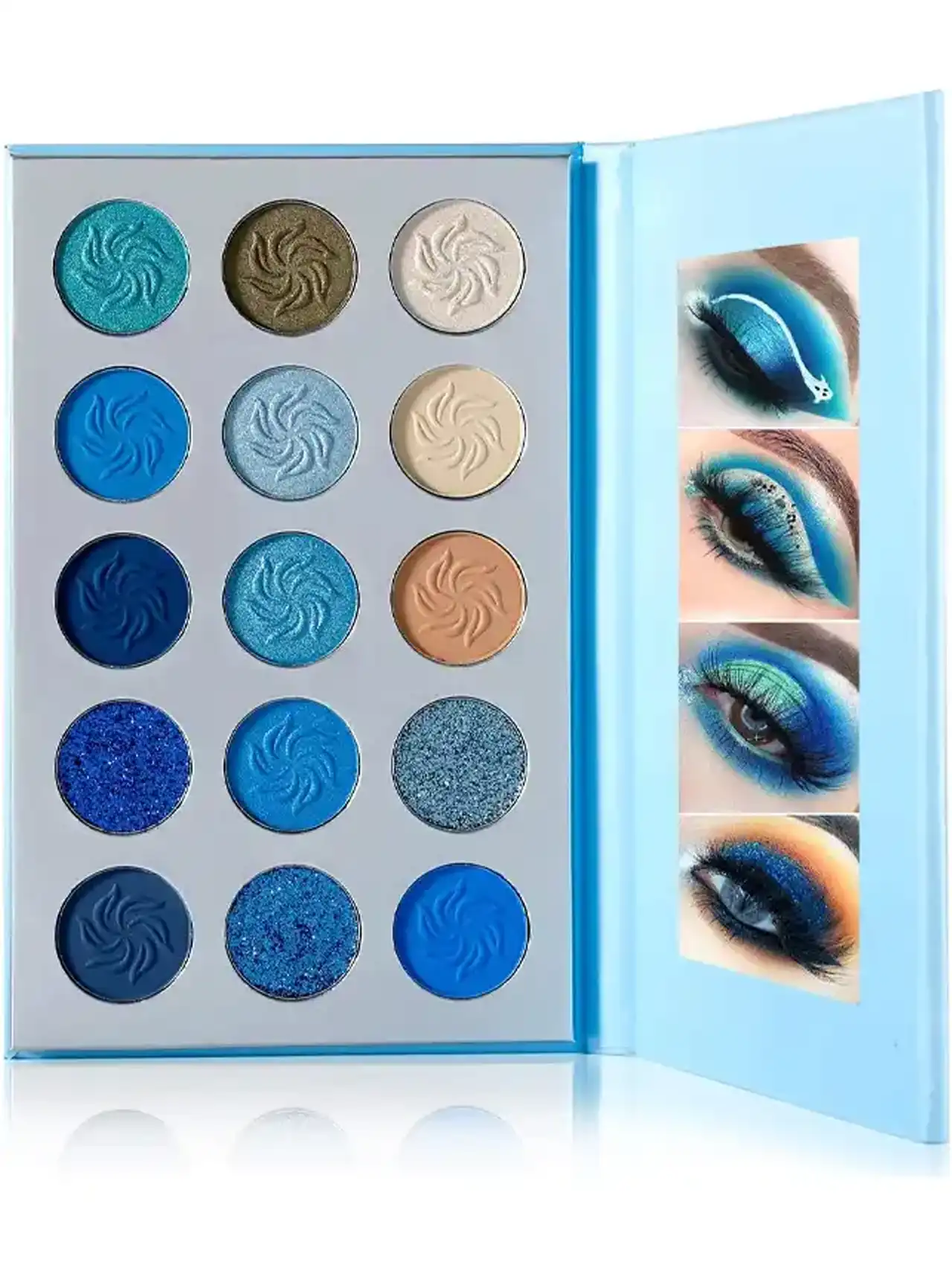 Mujer con cabello corto y delineador de ojos azul en estilo intenso y moderno.