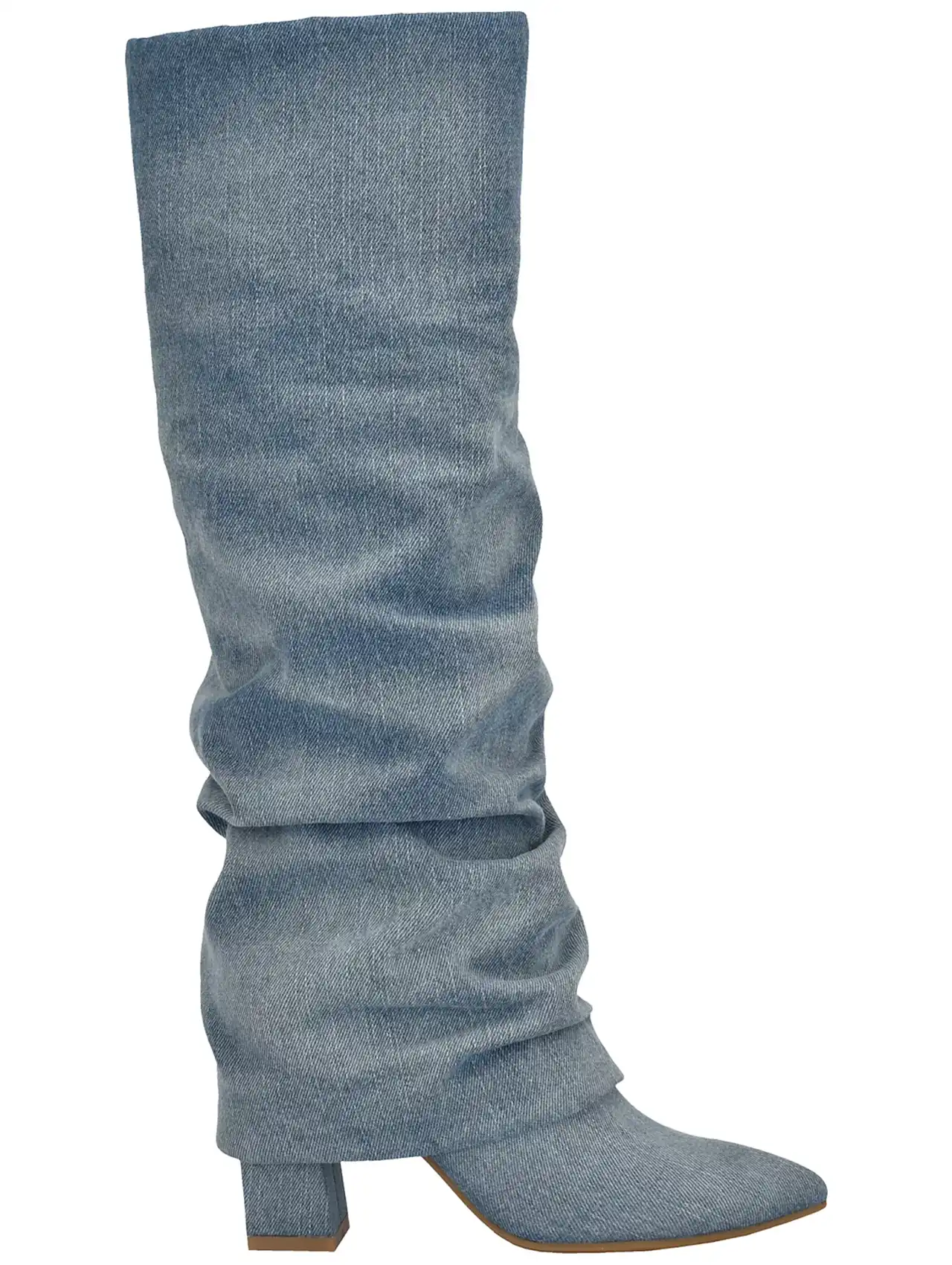 Geima slouchy denim block heel, best over-the-knee boots in unique fabric.