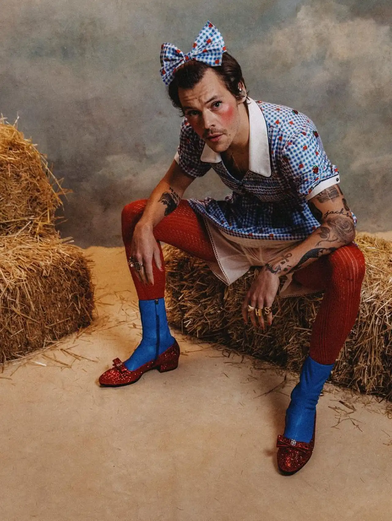 Harry Styles dressed as Dorothy from The Wizard of Oz for celebrity Halloween costumes.