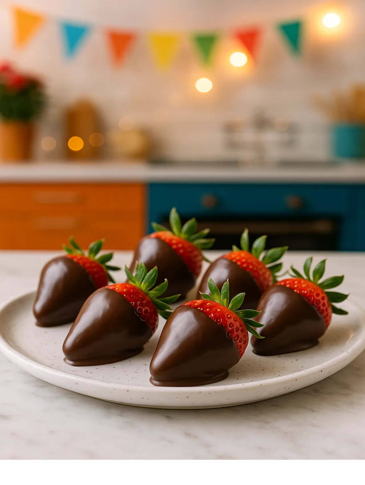 Plato con fresas cubiertas en chocolate frente a una cocina alegre con decoración de fiesta.