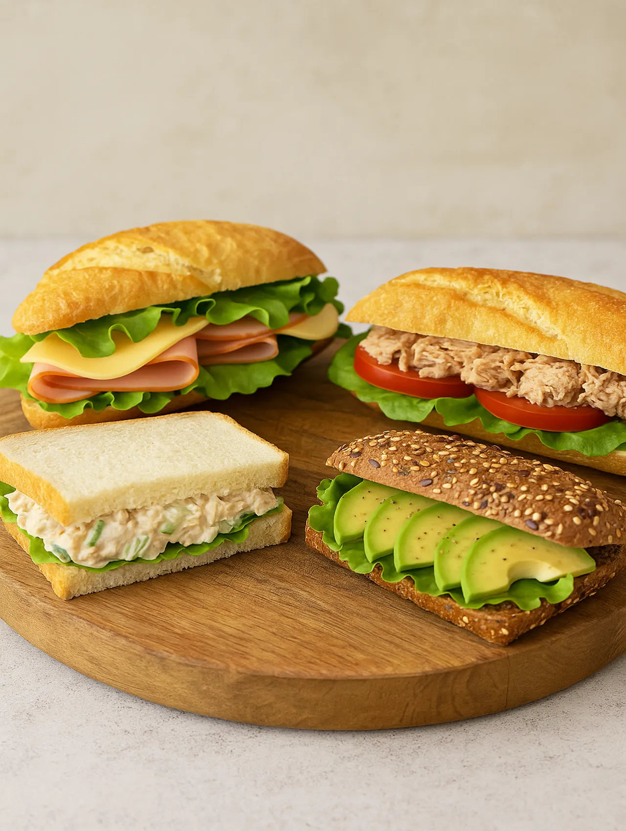 Cuatro bocadillos caseros variados sobre una tabla de madera redonda.