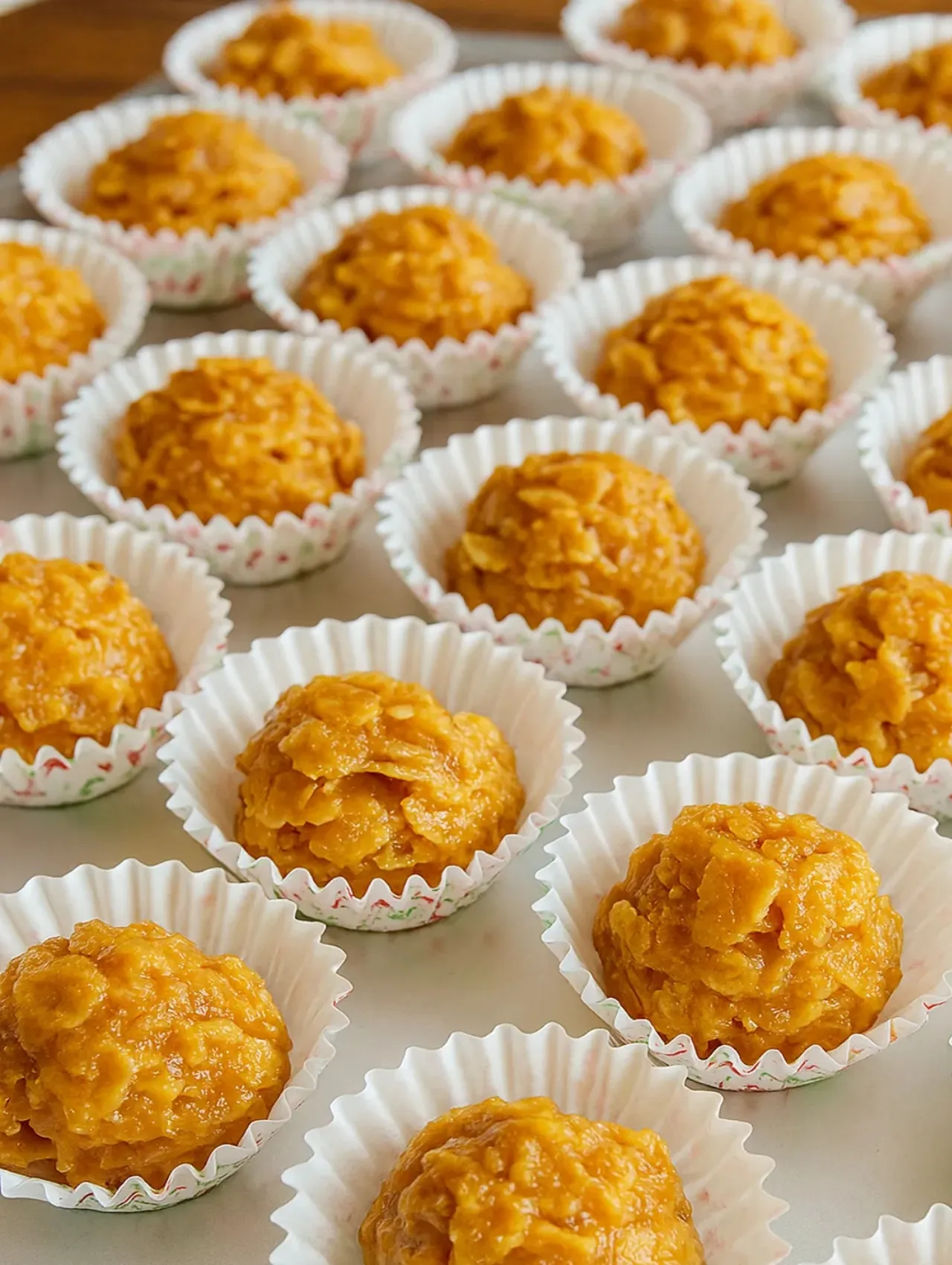 Bolitas de cornflakes con leche condensada doradas en cápsulas de papel decoradas sobre bandeja.