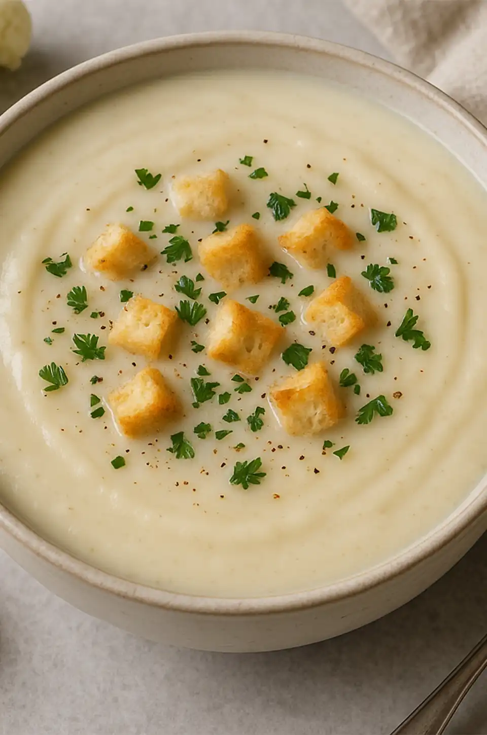 Creamy cauliflower soup topped with crunchy croutons and herbs – fall soup recipes