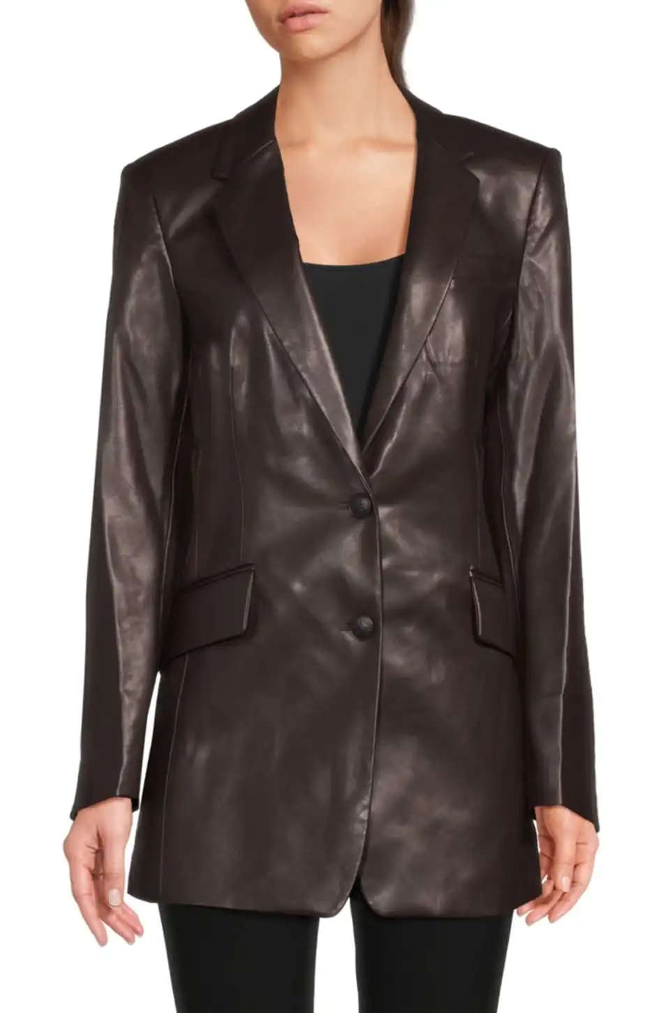 Brown distressed leather blazer with longline cut worn over black top