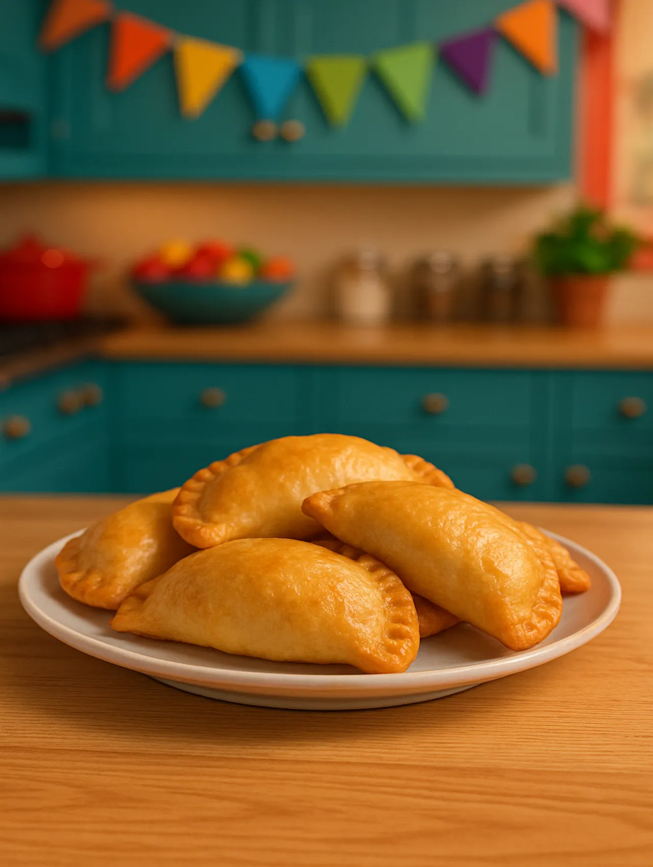 Plato con empanadas de pollo doradas frente a una cocina con decoración alegre y festiva.