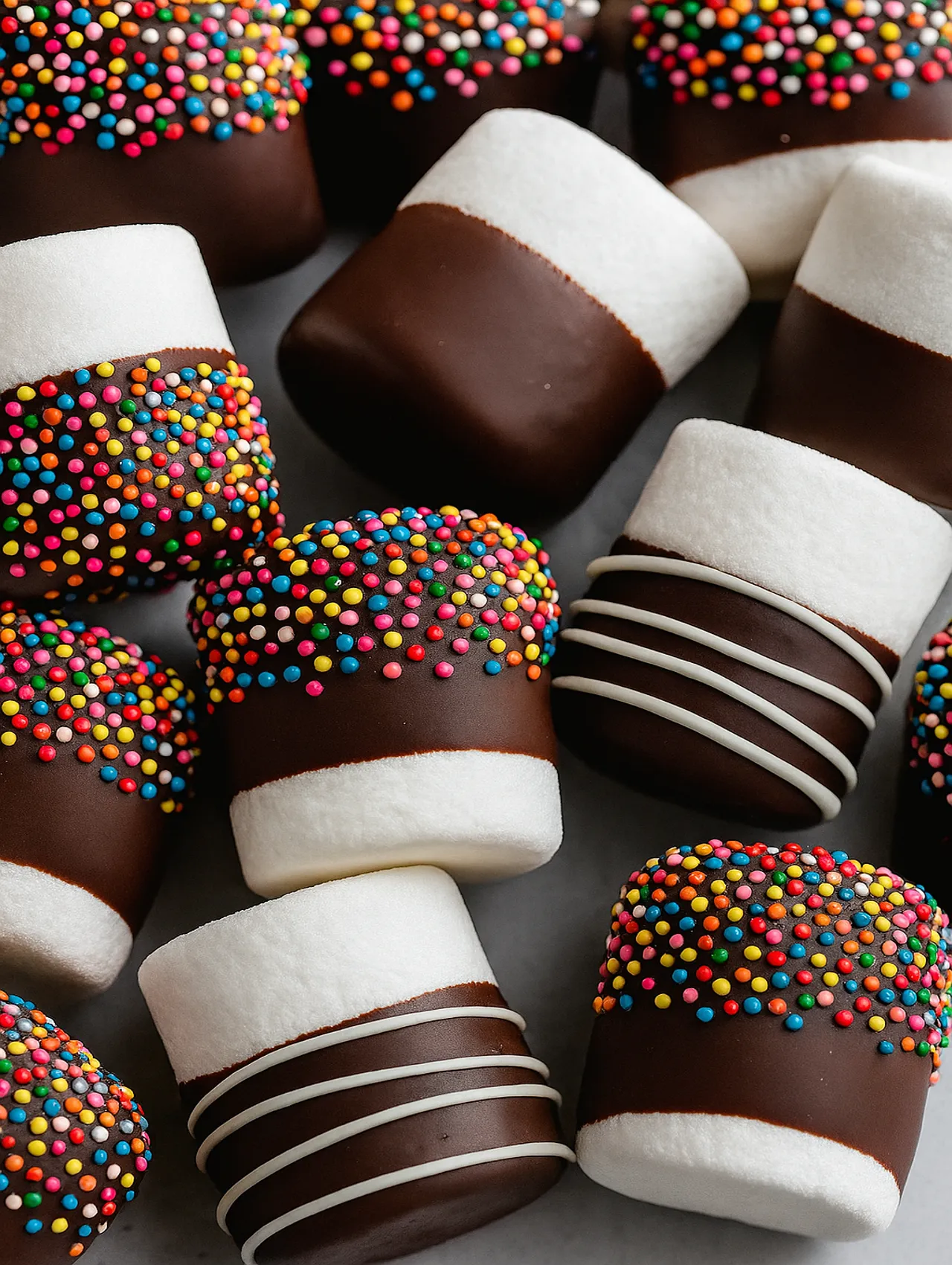 Marshmallows cubiertos con chocolate y chispas de colores decorativas sobre fondo claro.