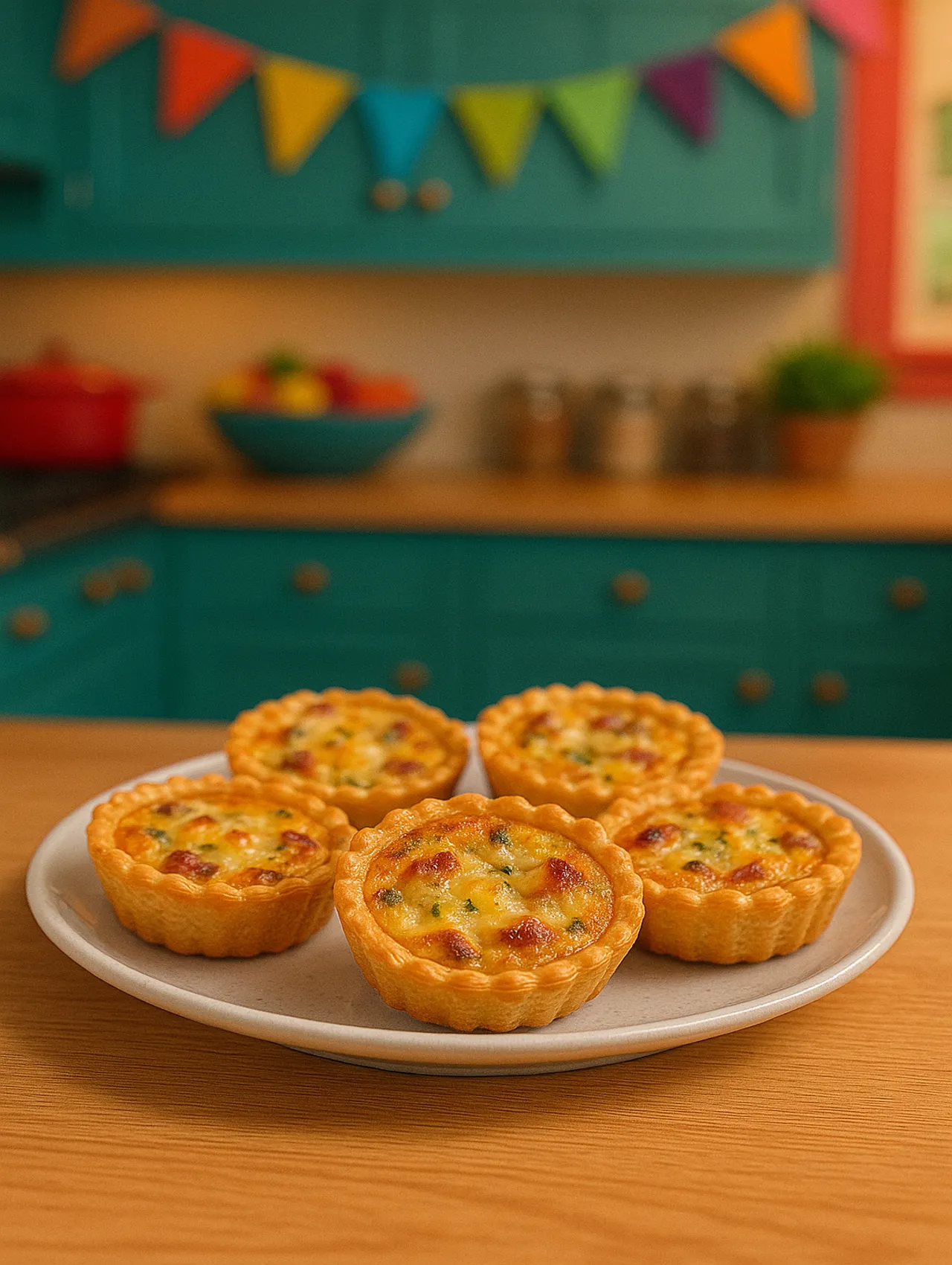 Plato con mini quiches doradas frente a una cocina decorada con banderines y colores vivos.